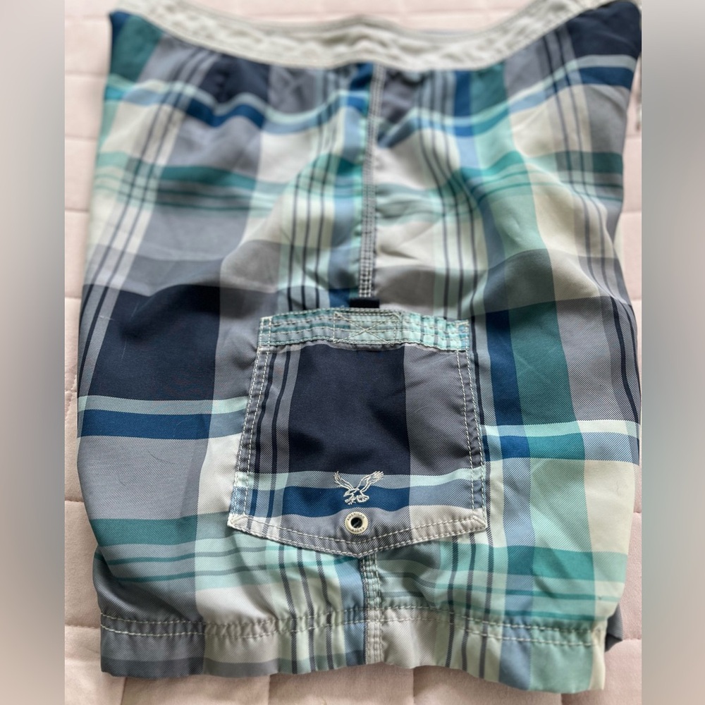 American Eagle Outfitters Blue Plaid Swim Trunks Size XL